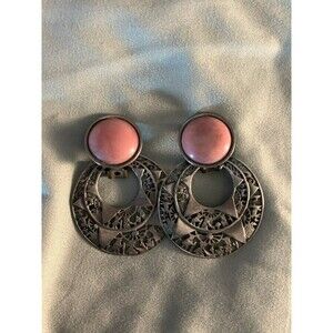 Lazuli Vintage Pink Stone and Silver Filigree Clip-On Earrings